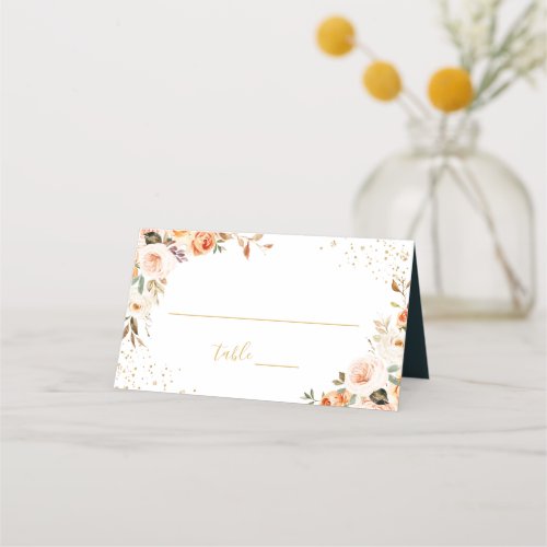 Rustic Orange Autumn Floral Gold Glitters Wedding Place Card