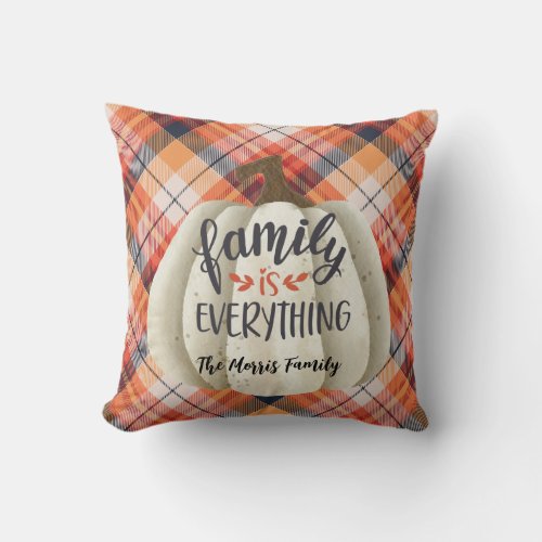 Rustic Orange Autumn Plaid Watercolor Pumpkin Throw Pillow