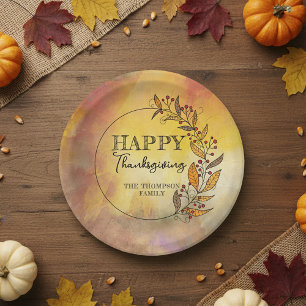 Rustic Orange Autumn Wreath Family Thanksgiving Paper Plates