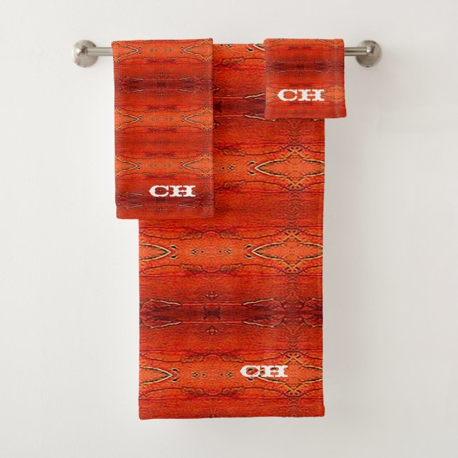 Rustic Orange Aztec Stripes Pattern Monogram Bath Towel Set (Insitu)