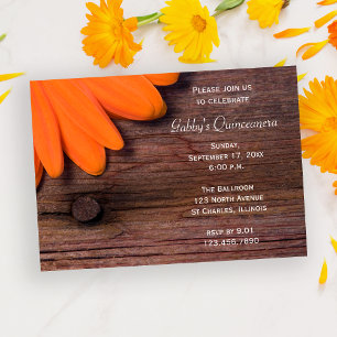 Rustic Orange Barn Wood Daisy Quinceanera Party Invitation