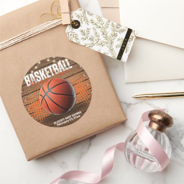 Rustic Orange Basketball Baby Shower Classic Round Sticker (Gifting)