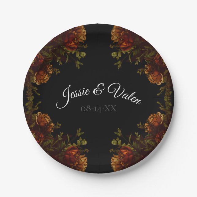 Rustic Orange Black Elegant Wedding Invitation Paper Plates (Front)
