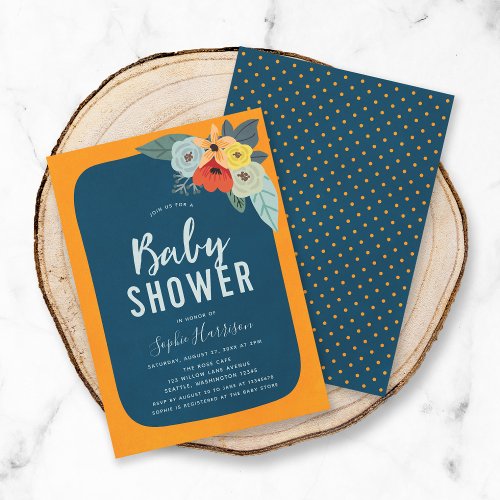 Rustic Orange Blue Floral Baby Shower Invitation