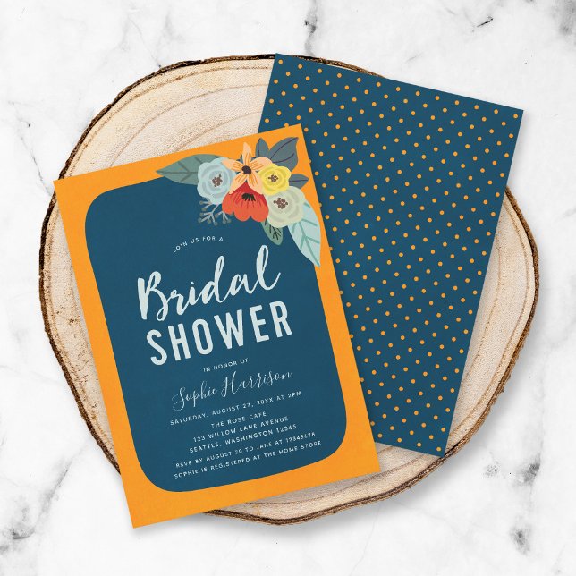 Rustic Orange Blue Floral Bridal Shower Invitation (Creator Uploaded)
