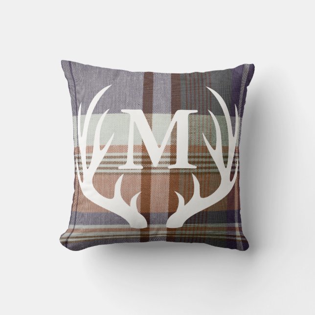 Rustic Orange Blue Plaid White Deer Antler Throw Pillow (Front)