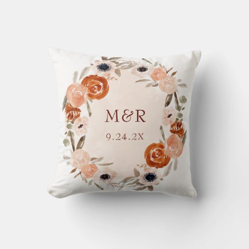 Rustic Orange Boho Floral  Initials and Date Throw Pillow