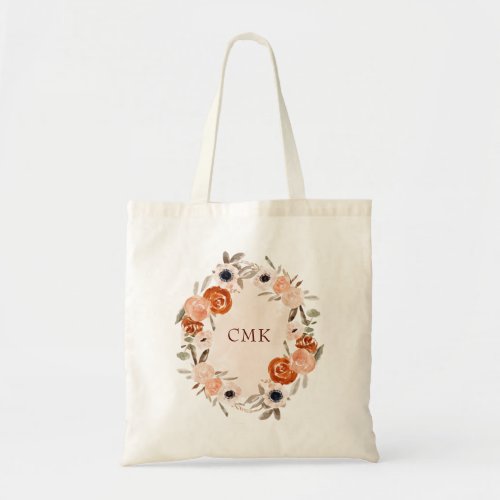 Rustic Orange Boho Floral  Monogram Tote Bag