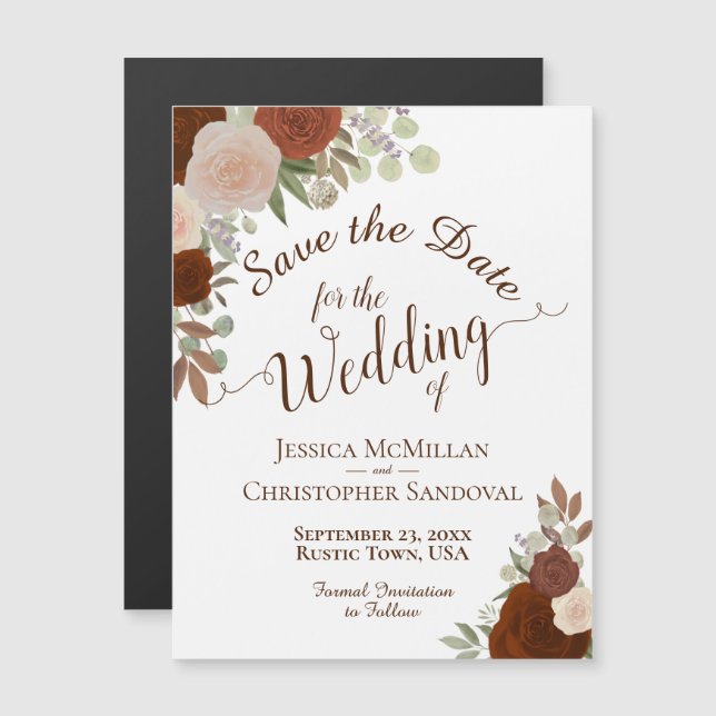 Rustic Orange Boho Floral Wedding Save the Date Magnetic Invitation (Front/Back)