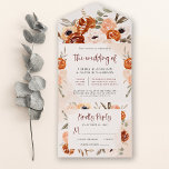 Rustic Orange Boho | Watercolor Blush Wedding All In One Invitation<br><div class="desc">These beautiful and romantic all-in-one wedding invitations feature trendy boho style and elegant burgundy calligraphy. Rustic bohemian bouquets of orange,  peach,  blush,  and taupe flowers and neutral botanical leaves decorate the corners,  with matching subtle watercolor splashes on a soft blush background.</div>