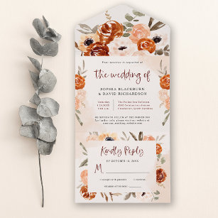 Neutral Earthy Taupe Floral Wood QR Code Wedding Invitation