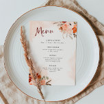 Rustic Orange Boho | Watercolor Blush Wedding Menu<br><div class="desc">These beautiful and romantic wedding menus feature trendy boho style and elegant burgundy calligraphy. Rustic bohemian bouquets of orange,  peach,  blush,  and taupe flowers and neutral botanical leaves decorate the corners,  with matching subtle watercolor splashes on a soft blush background.</div>