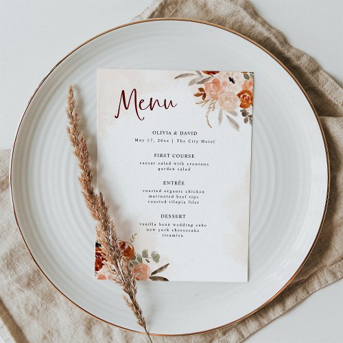 Rustic Orange Boho  Watercolor White Wedding Menu