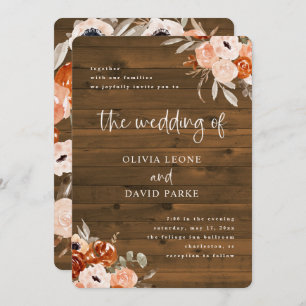 Rustic Orange Boho   Watercolor Wood Look Wedding Invitation