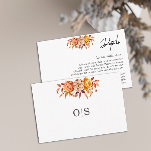 Rustic Orange Brown Foliage Monogram Fall Wedding  Enclosure Card