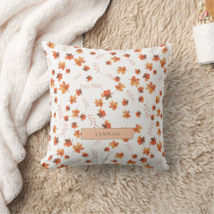 Rustic Orange Brown Leaves Autumn Fall Decor Name Throw Pillow