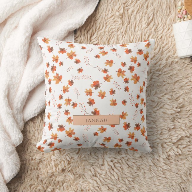 Rustic Orange Brown Leaves Autumn Fall Decor Name Throw Pillow (Blanket)