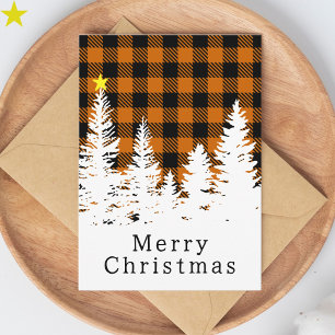 Rustic Orange Buffalo Plaid Forest Merry Christmas Card