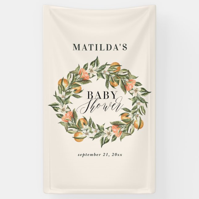 Rustic orange citrus botanical baby shower party banner (Vertical)