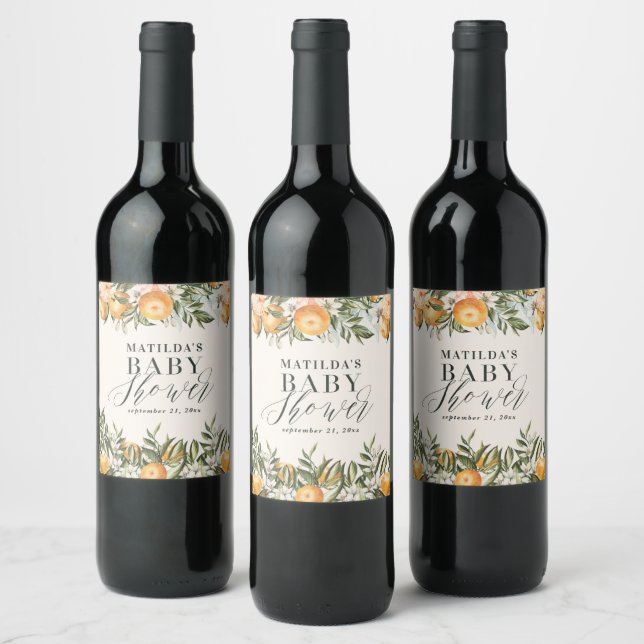 Rustic orange citrus botanical baby shower party wine label (Bottles)
