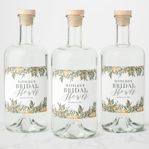 Rustic orange citrus botanical bridal shower party liquor bottle label