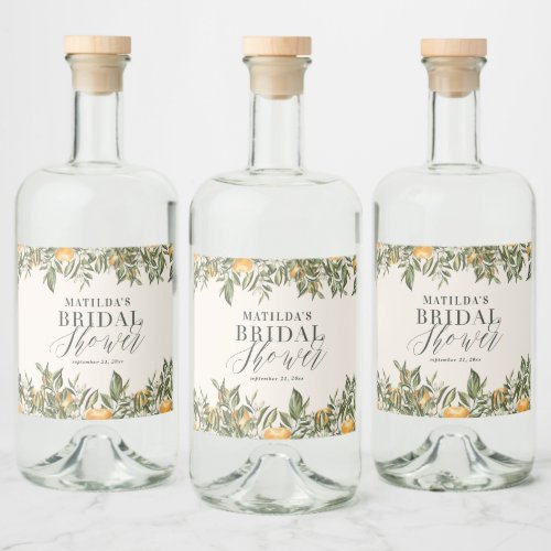 Rustic orange citrus botanical bridal shower party liquor bottle label