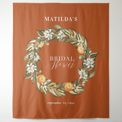 Rustic orange citrus botanical bridal shower party tapestry