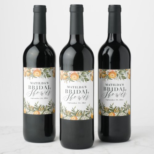 Rustic orange citrus botanical bridal shower party wine label