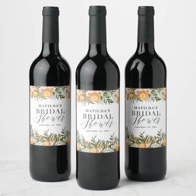 Rustic orange citrus botanical bridal shower party wine label (Bottles)