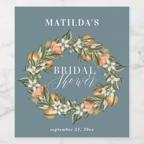 Rustic orange citrus botanical bridal shower party wine label