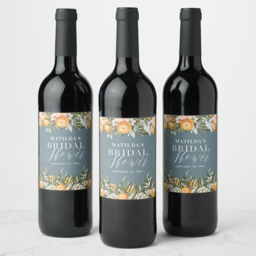 Rustic orange citrus botanical bridal shower party wine label