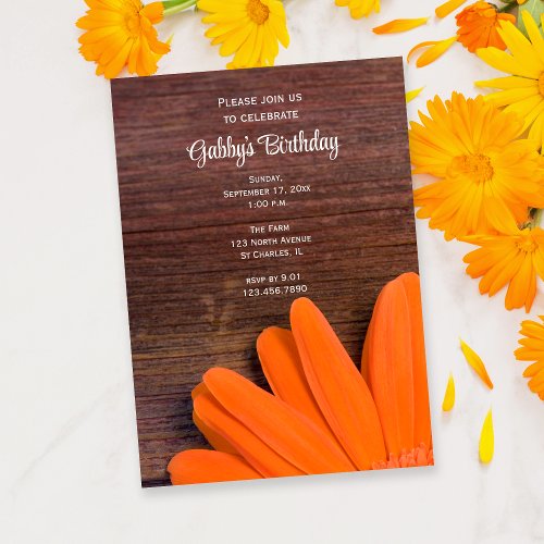 Rustic Orange Daisy Birthday Party Invitation