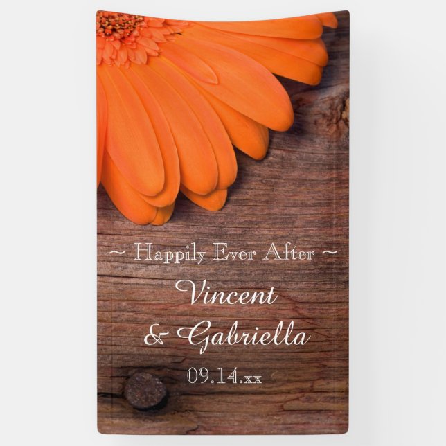 Rustic Orange Daisy and Barn Wood Country Wedding Banner (Vertical)