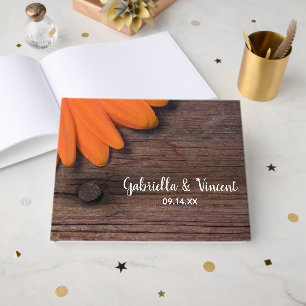 Rustic Orange Daisy and Barn Wood Country Wedding Guest Book