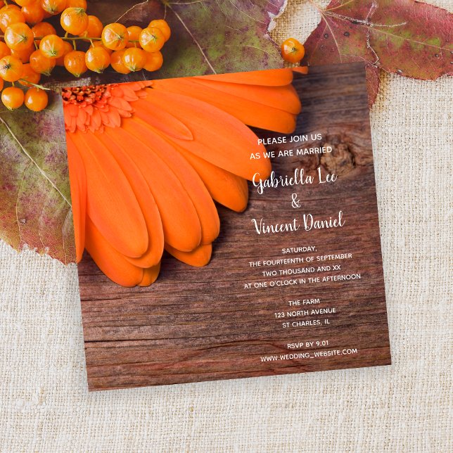 Rustic Orange Daisy and Barn Wood Country Wedding Invitation (Creator Uploaded)