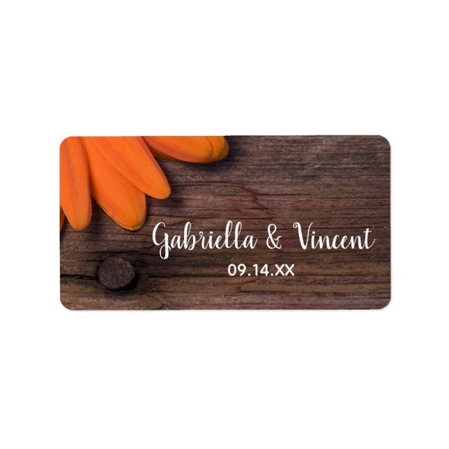 Rustic Orange Daisy and Barn Wood Country Wedding Label (Front)