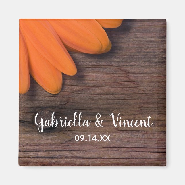 Rustic Orange Daisy and Barn Wood Country Wedding Magnet (Front)