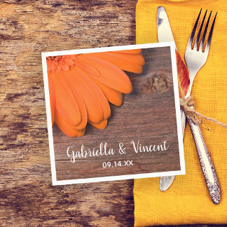 Rustic Orange Daisy and Barn Wood Country Wedding Paper Napkins
