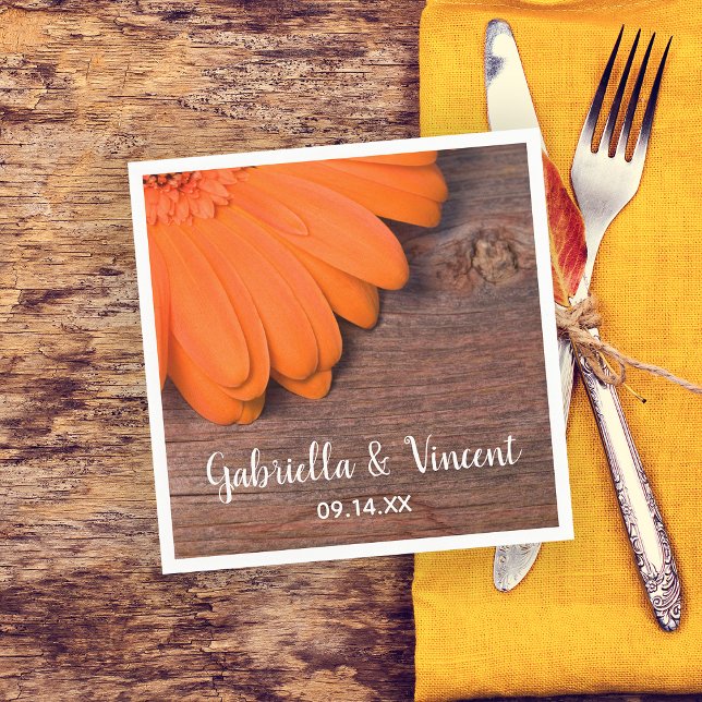 Rustic Orange Daisy and Barn Wood Country Wedding Paper Napkins (Creator Uploaded)