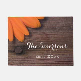 Rustic Orange Daisy and Barn Wood Doormat