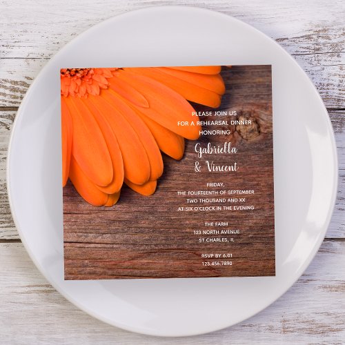 Rustic Orange Daisy Country Rehearsal Dinner Custom Invitation