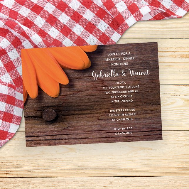 Rustic Orange Daisy Barn Wedding Rehearsal Dinner Invitation (Creator Uploaded)