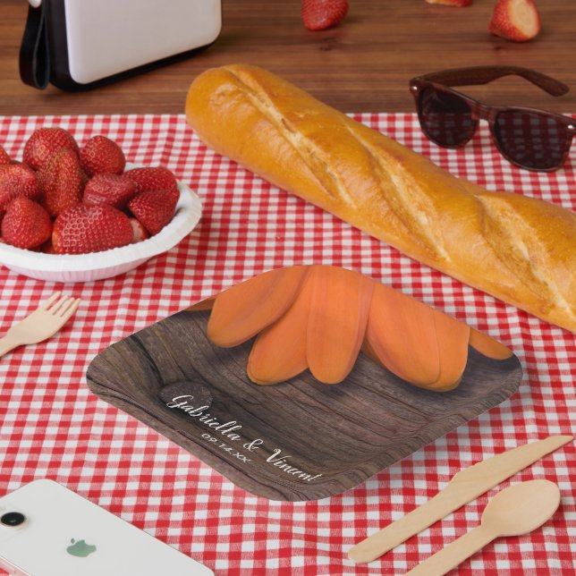 Rustic Orange Daisy Barn Wood Country Wedding Paper Plates (Picnic)