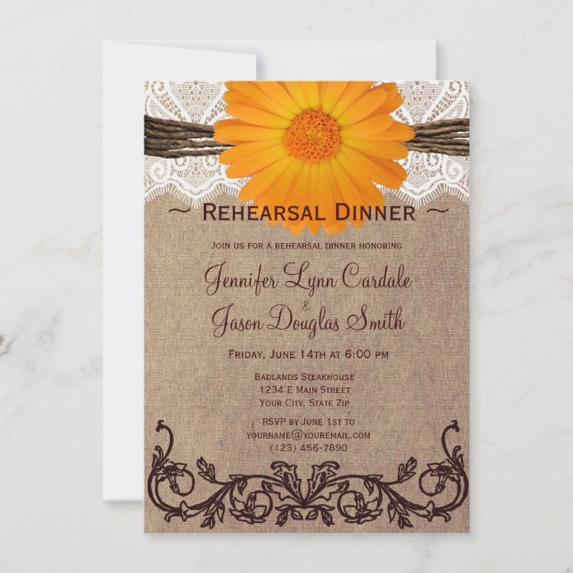 Rustic Orange Daisy Rehearsal Dinner Invitations (Front)