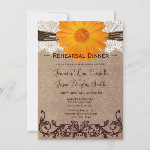 Rustic Orange Daisy Rehearsal Dinner Invitations