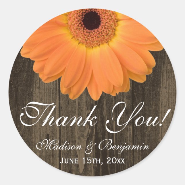 Rustic Orange Daisy Wedding Thank You Sticker (Front)