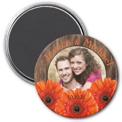 Rustic Orange Daisy Wood Photo Wedding Save Date Magnet