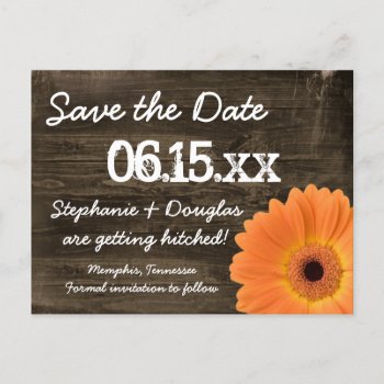 Rustic Orange Daisy Wood Save The Date Postcards by RusticCountryWedding at Zazzle