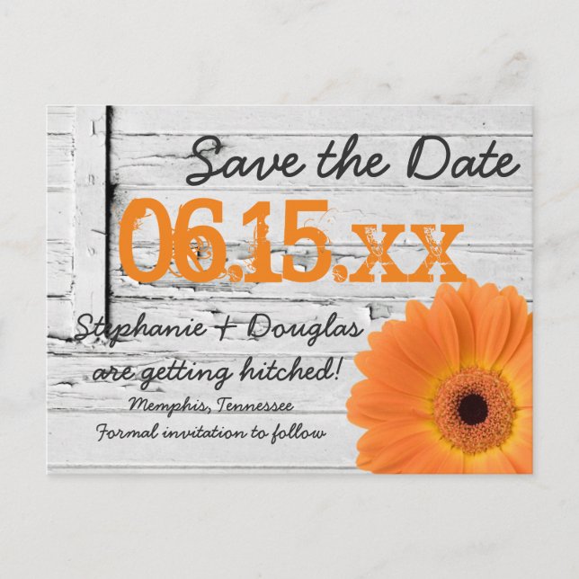 Rustic Orange Daisy Wood Save The Date Postcards (Front)