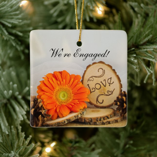 Rustic Orange Daisy Woodland Engagement Ceramic Ornament (Tree)